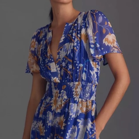Anthropologie The Somerset Jumpsuit Chiffon Edition Floral Blue Motif - Picture 2 of 7